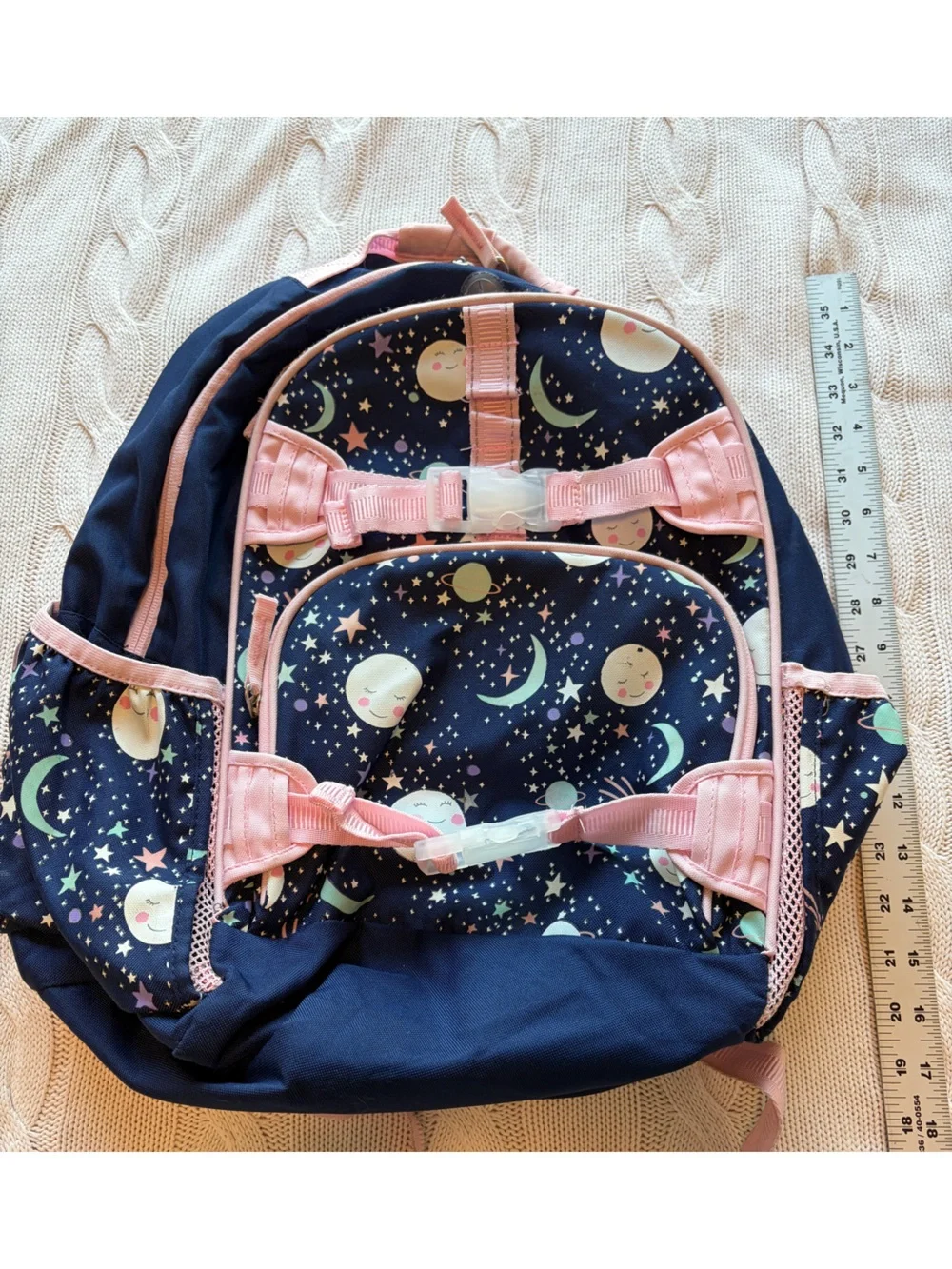 Pottery Barn Kids Navy Moon & Stars Backpack with Pink Trim and Smiles